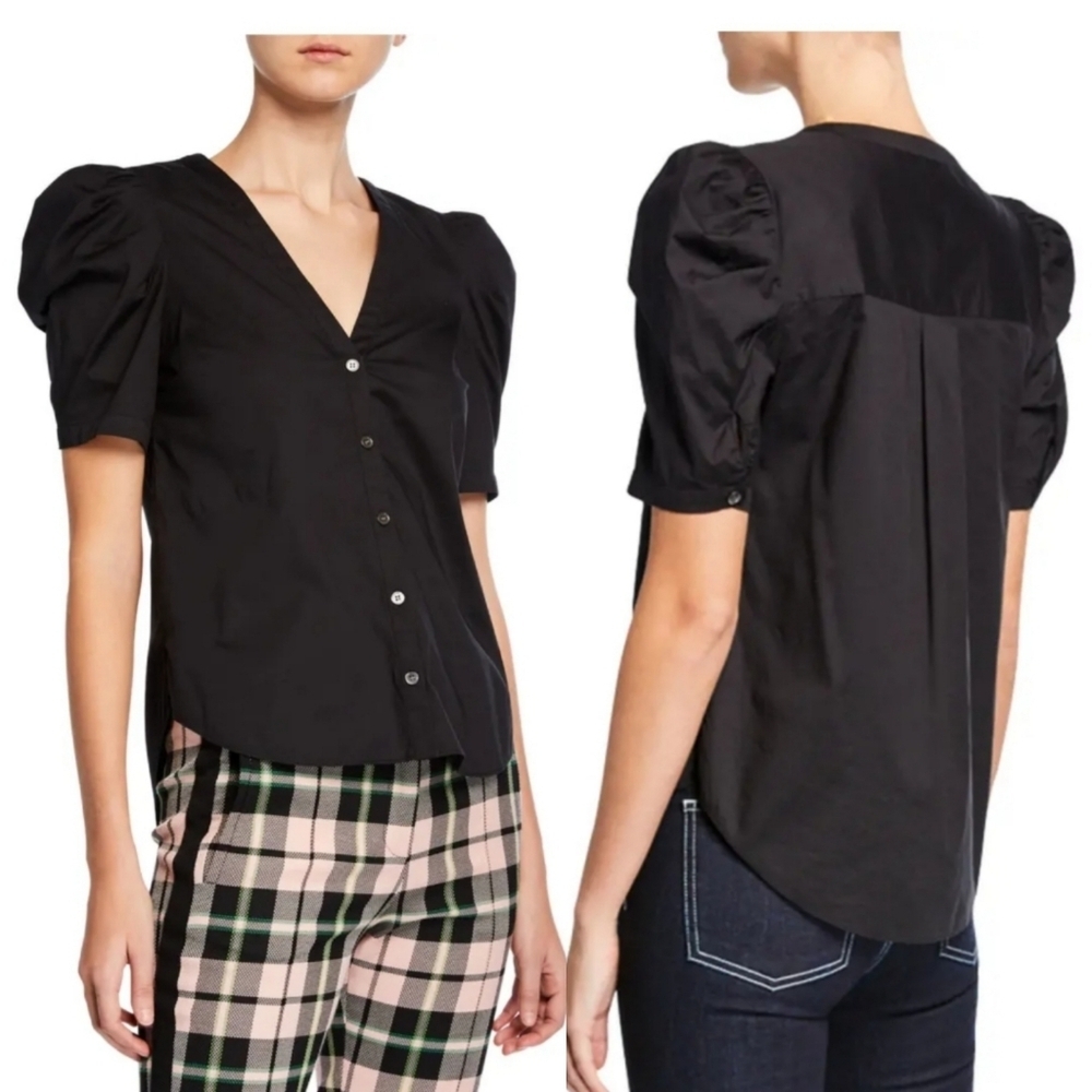 Veronica Beard Garland Puff-Sleeve Button-Front Poplin Blouse S Black